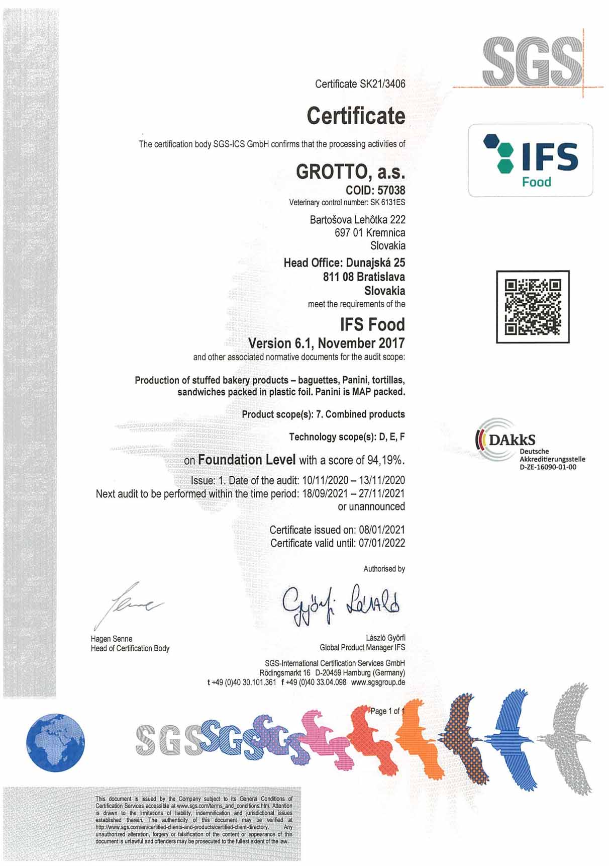 grotto certifikat sgs ifs